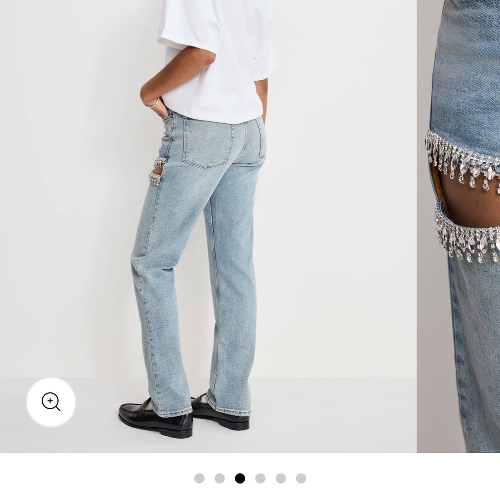 Good American Light Blue Straight Leg Jeans with Crystal Fringe Cutouts - Picture 4 of 7